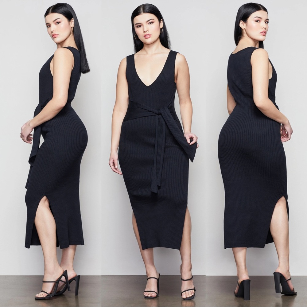 ✨NEW Good American | Stretchy Sleeveless Tie Waist Belt Knit Bodycon Midi Dress